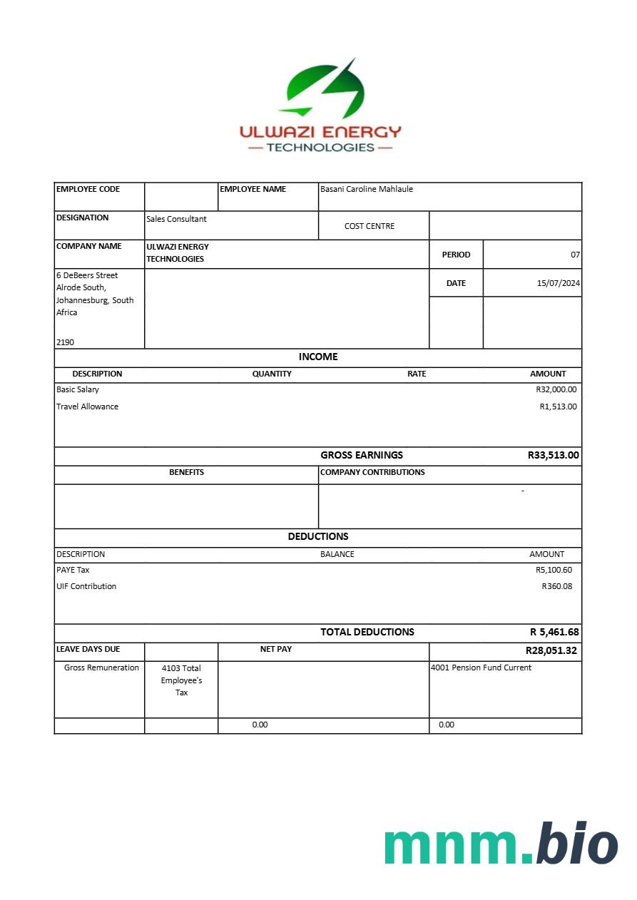 Ulwazi Energy Technologies payslip szablon w formatach Word i PDF